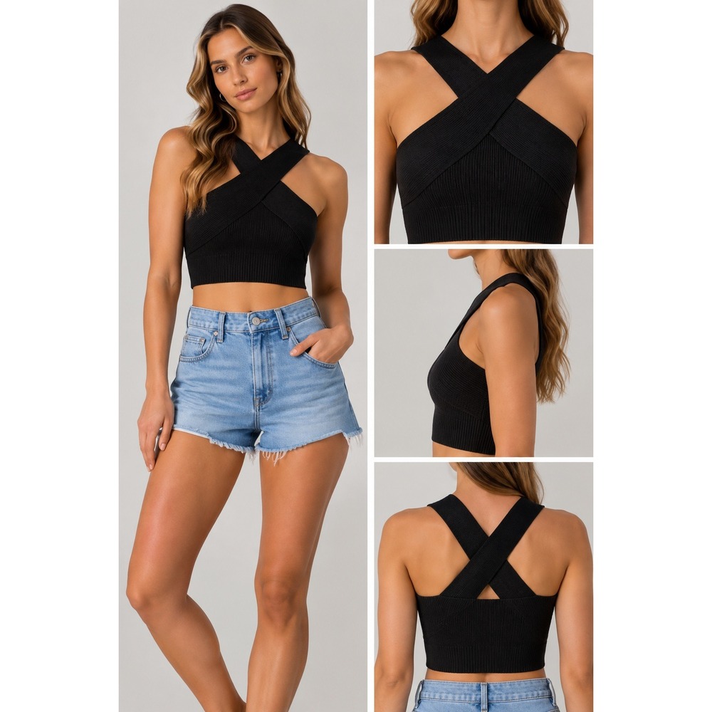 House of Harlow 1960 Womens S Black Ribbed Knit Crossover Wrap Top